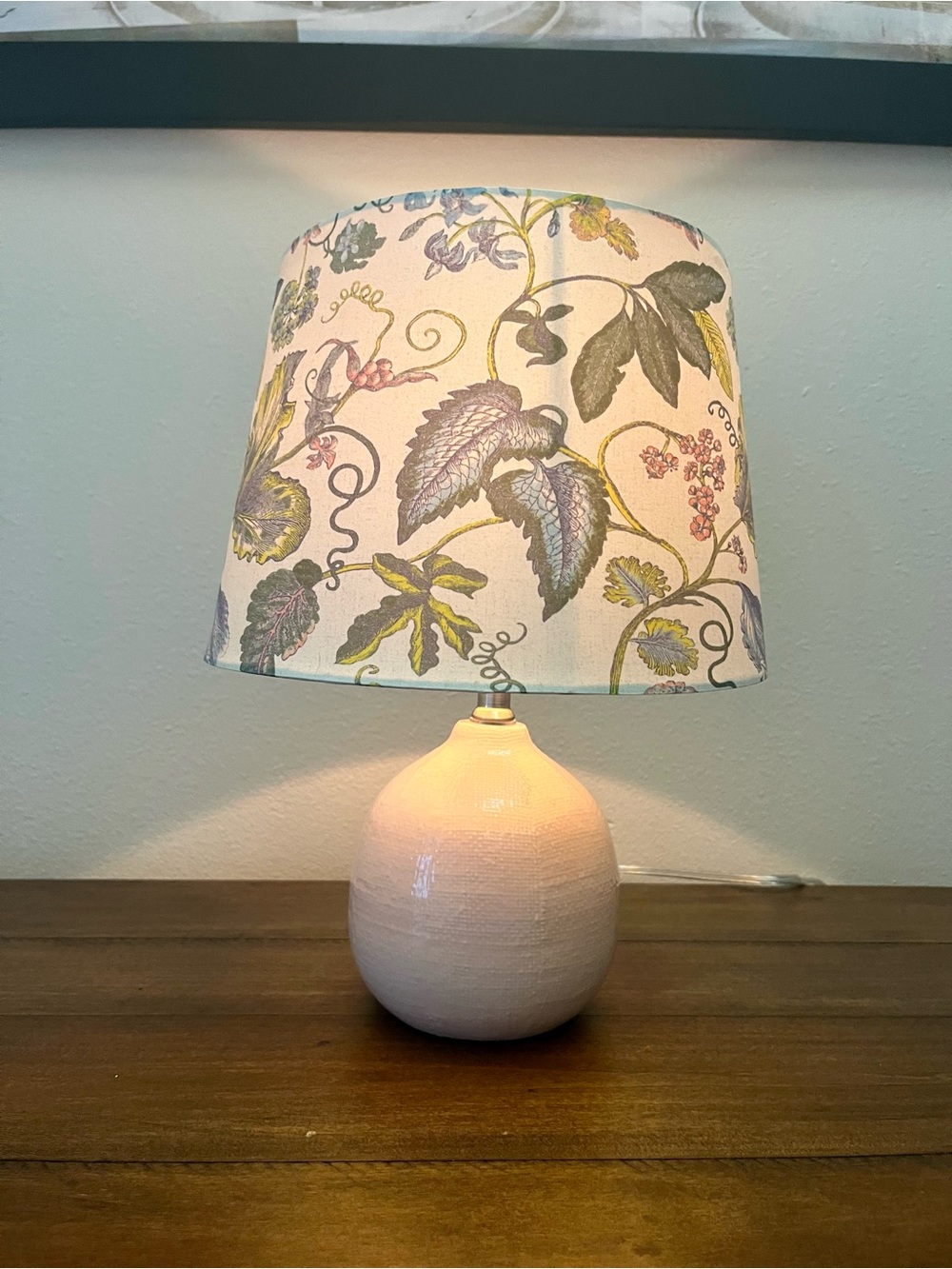 Light Pink Ceramic Table Lamp with Botanical Green & Blue Shade